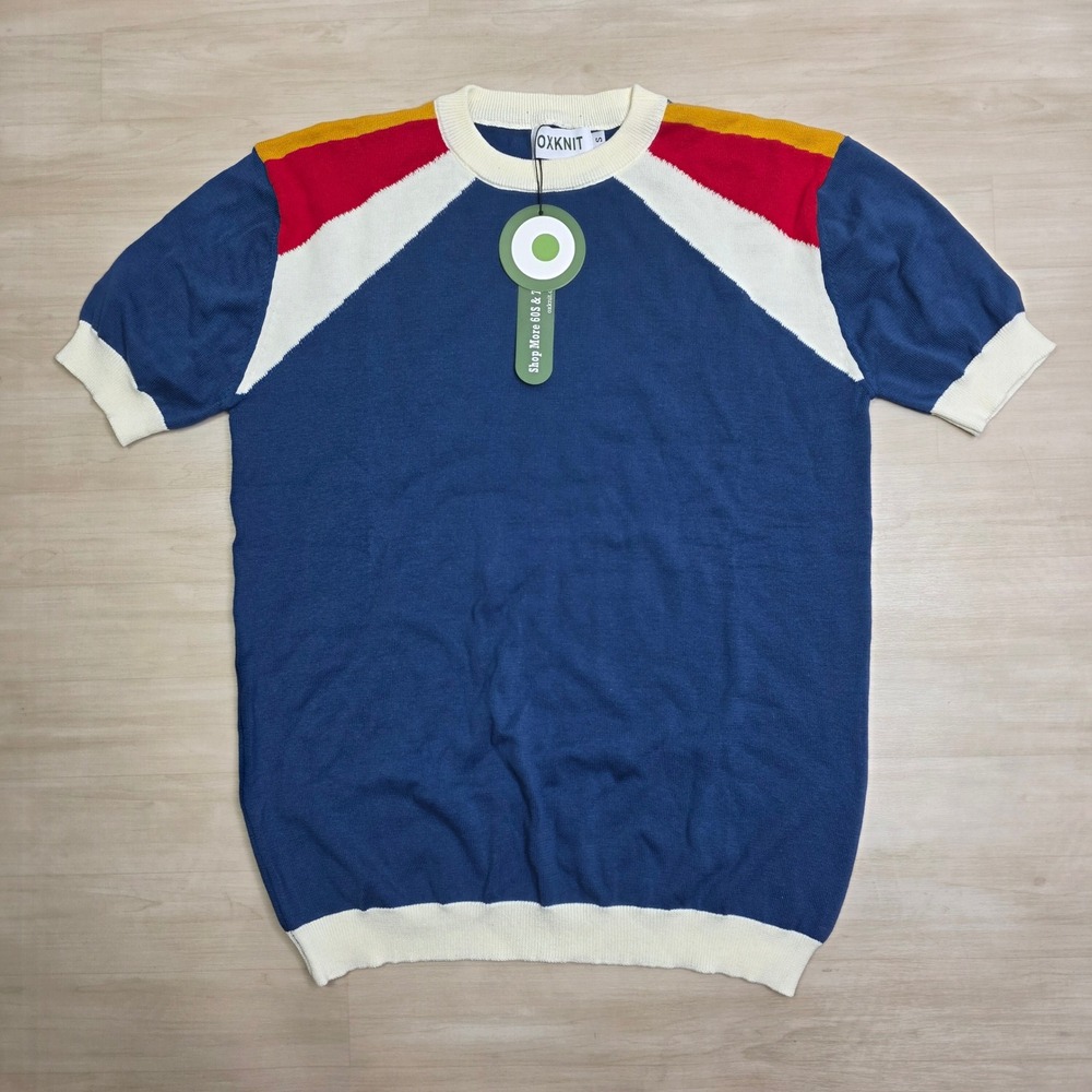 OXKNIT Mens Retro‎ 60s 70s Mod Knit Short Sleeve Sweater Blue Colorblock Small